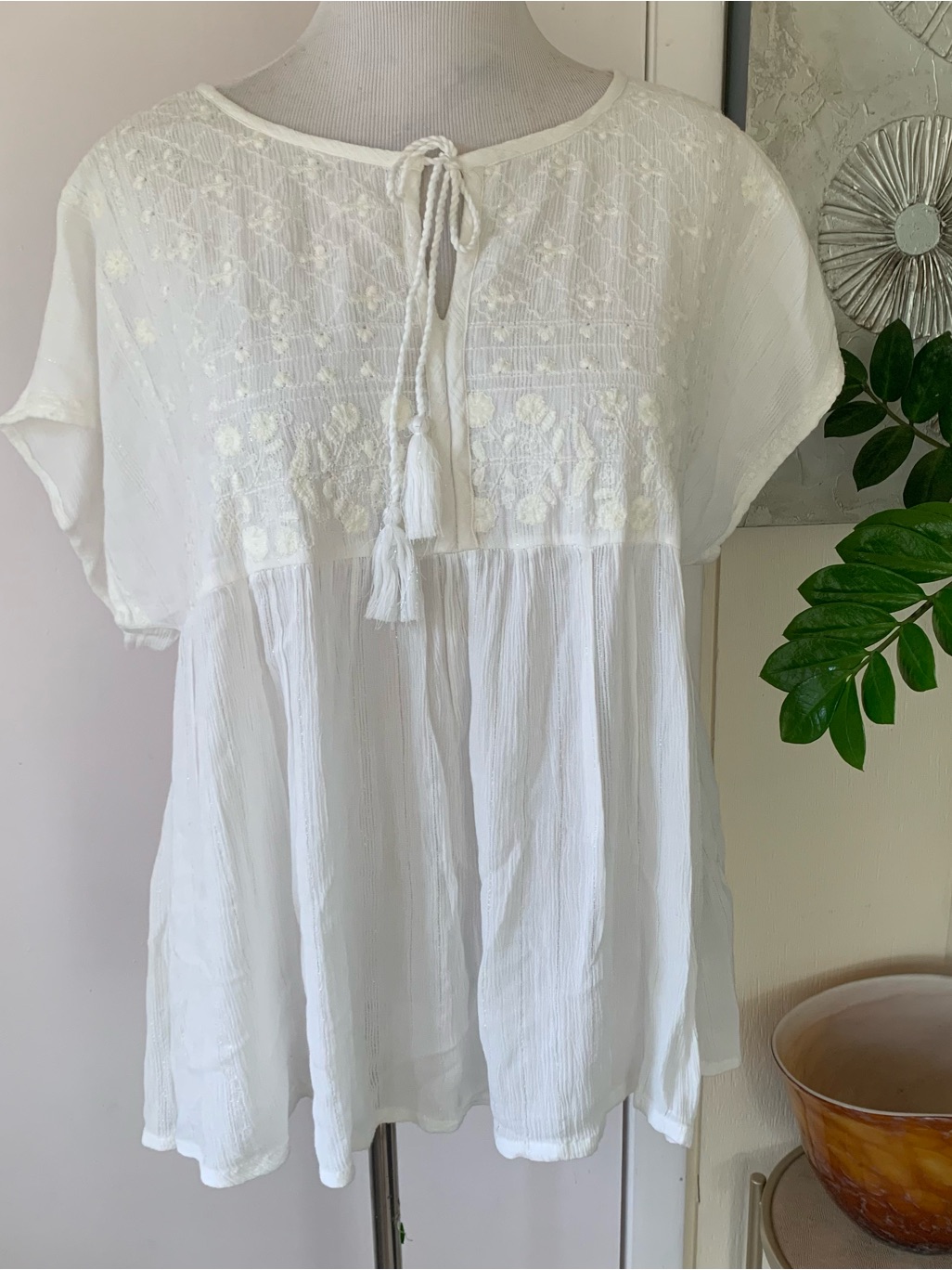 Boho White Embroidered Tie-Front Women's Top